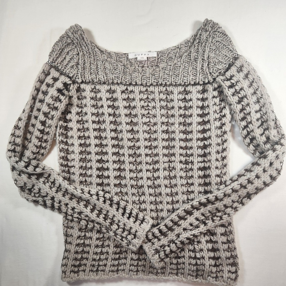 Duffy New York Grey Metallic Chunky Knit Boat Neck Sweater Womens XS Long Sleeve